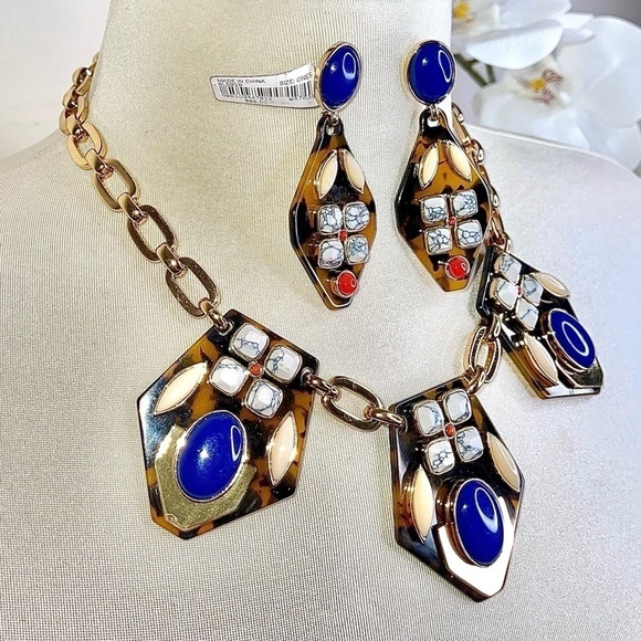 J.Crew Tibetan Tortoiseshell Statement Necklace + NWT Earrings - Picture 3 of 13